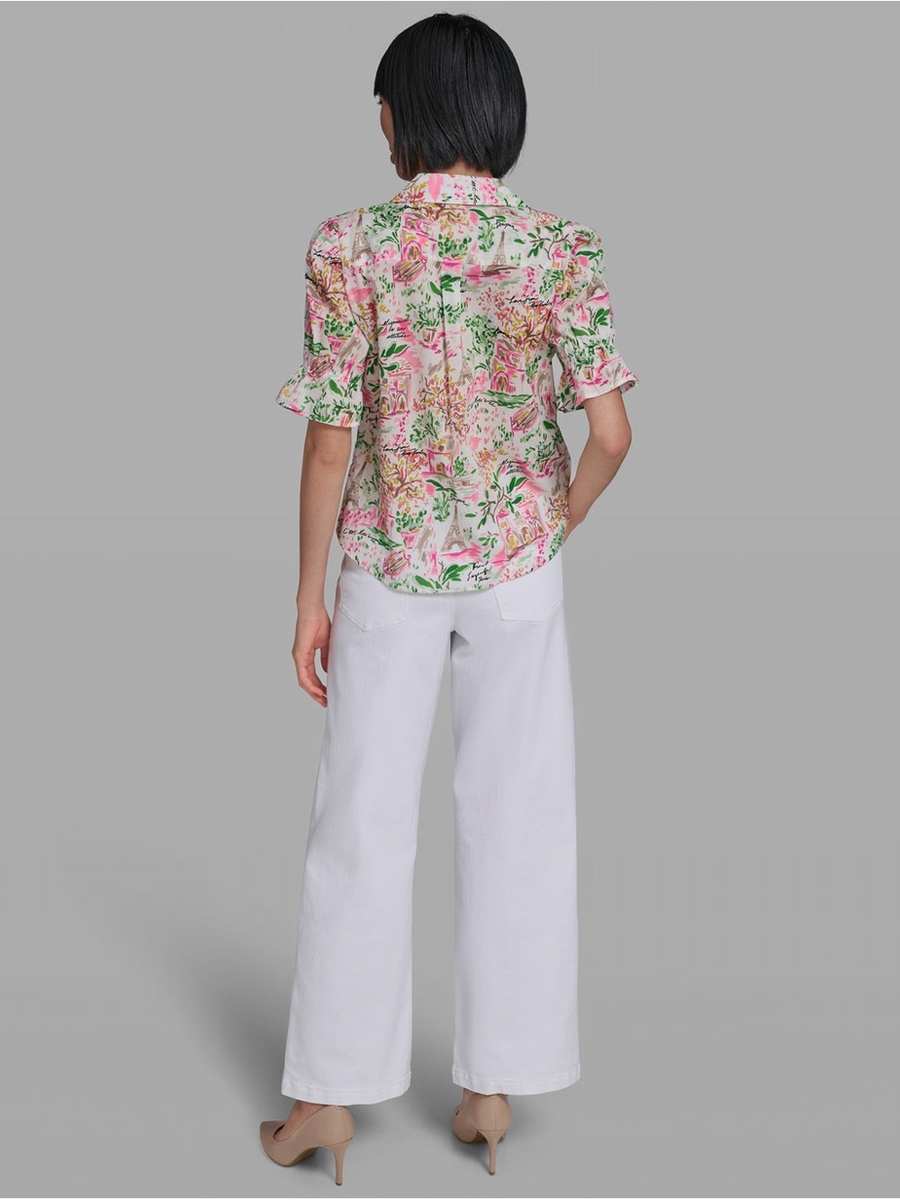Karl Lagerfeld Flutter Sleeve Floral Shirt - Picture 2 of 5